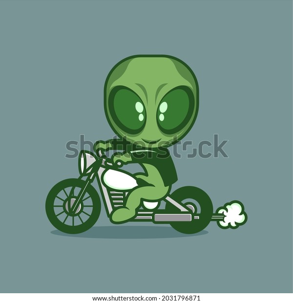cute cartoon alien riding a motorbike.\
vector illustration for mascot logo or\
sticker