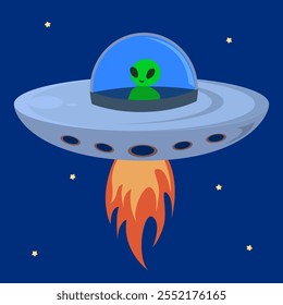 Cute Cartoon Alien Riding Ufo In Space Illustration