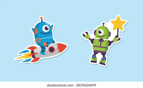 Cute cartoon alien robots feature as colorful stickers with one riding a rocket and another holding a star wand.