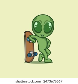 cute cartoon alien with skateboard