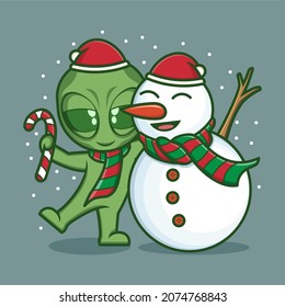 cute cartoon alien with snowman on christmas. vector illustration for mascot logo or sticker