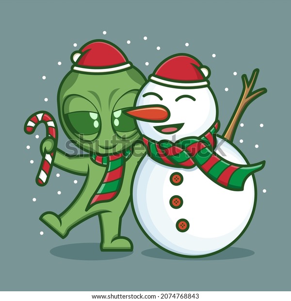 cute cartoon alien with snowman on\
christmas. vector illustration for mascot logo or\
sticker