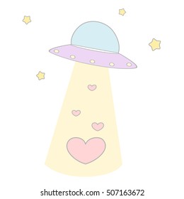 cute cartoon alien spaceship abducts hearts funny concept vector illustration