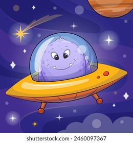 Cute cartoon alien in a spaceship. Vector illustration of monster in space on a blue background with stars and a planet.