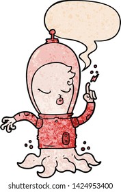 cute cartoon alien with speech bubble in retro texture style