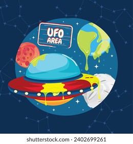 Cute cartoon alien UFO sticker Vector illustration