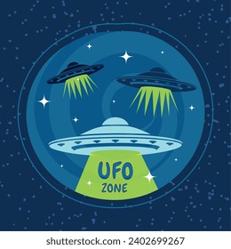 Cute cartoon alien UFO sticker Vector illustration