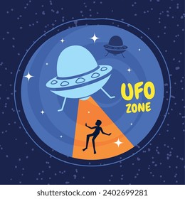 Cute cartoon alien UFO sticker Vector illustration