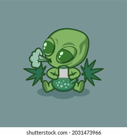 cute cartoon alien using cannabis. vector illustration for mascot logo or sticker