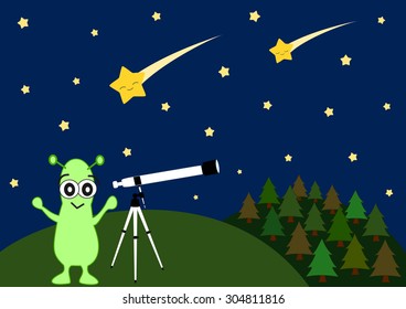 cute cartoon alien watching falling stars with telescope vector illustration