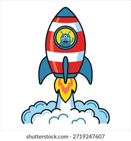 Cute cartoon alien waving from a flying red rocket ship. Funny vector illustration of a spaceship launch with a green extraterrestrial pilot, isolated on white. Perfect for kids t-shirt design and science fiction stickers.