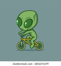 cute cartoon alien wearing a bicycle. vector illustration for mascot logo or sticker