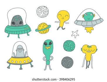 cute cartoon aliens. UFO illustration