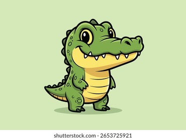 Cute Cartoon Alligator com Big Smile and Scales - Ilustração de répteis adoráveis para os temas de selva e pântano das crianças. Ilustração de vetor