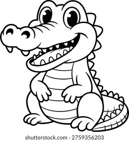 Cute cartoon alligator character, friendly crocodile mascot for kids coloring book page