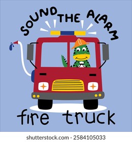 Cute cartoon alligator driving a red fire truck with water hose in emergency rescue scene. Fire safety concept
