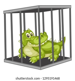 Cute Cartoon Alligator Inside Steel Cage. Animals in the Cage. Funny Crocodile Isolated on White Background
