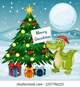 Cute Cartoon Alligator with a Merry Christmas Sign.Happy Animals Standing Next to Christmas Tree with Gift Boxes. Merry Christmas Winter Scene Illustration