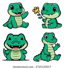 jacarés de desenhos animados bonitos em várias poses, sorrindo e segurando uma flor, perfeito para desenhos infantis.