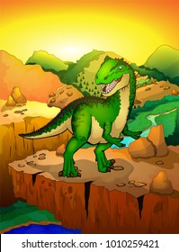 Cute cartoon allosaur with landscape background. Vector illustration of a cartoon dinosaur.