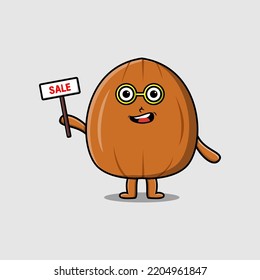 Cute cartoon almond nut character holding sale sign designs in flat cartoon style
