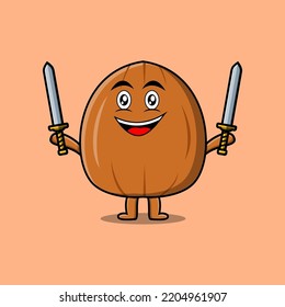 Cute cartoon Almond nut character holding two sword in flat modern design
