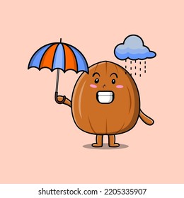 Cute cartoon Almond nut character in the rain and using an umbrella in flat modern style design