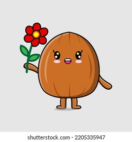 Cute cartoon Almond nut character holding red flower in concept flat cartoon style