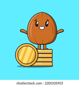 Cute cartoon Almond nut character standing in stacked gold coin vector illustration in cartoon style