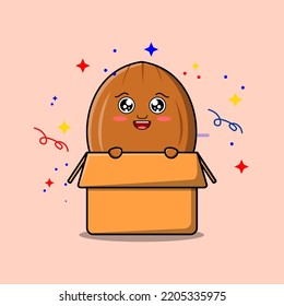 Cute cartoon Almond nut character coming out from box in flat style cartoon vector icon illustration