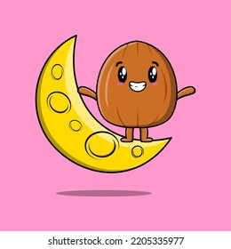 Cute cartoon Almond nut character standing on the crescent moon in flat modern design illustration