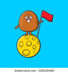 Cute cartoon Almond nut character standing on the moon with flag in flat modern design illustration