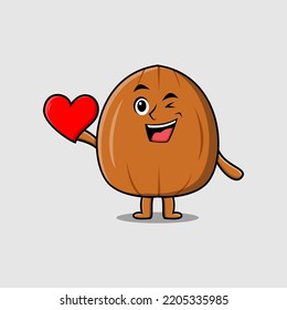 Cute cartoon Almond nut character holding big red heart in modern style design illustration