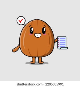 Cute cartoon Almond nut character holding checklist note in concept flat cartoon style