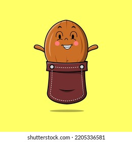 Cute cartoon Almond nut character coming out from pocket look so happy illustration