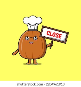 Cute cartoon almond nut chef character holding close sign board designs character illustration