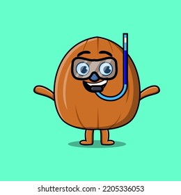 Cute cartoon Almond nut diver with swimming glass in flat modern style design illustration