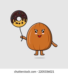 Cute cartoon Almond nut floating with donuts balloon cartoon vector illustration