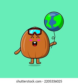 Cute cartoon Almond nut floating with earth balloon cartoon vector illustration