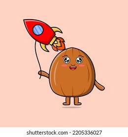 Cute cartoon Almond nut floating with rocket balloon cartoon vector illustration