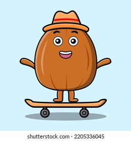 cute cartoon Almond nut standing on skateboard with cartoon vector illustration style illustration