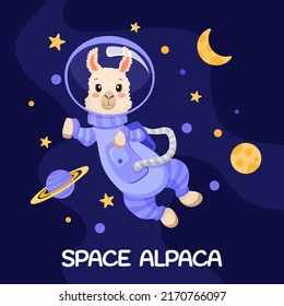 Cute cartoon alpaca astronaut with stars, moon and planets for birthday party flyer, kids print texture and baby shower. Vector Cartoon illustration