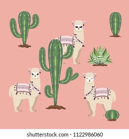 Cute cartoon Alpaca with cactuses design background.