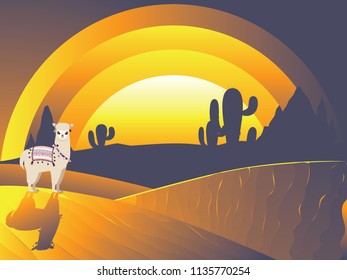 Cute cartoon Alpaca with cactuses design background.