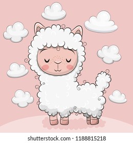 Cute Cartoon alpaca with clouds on a pink background