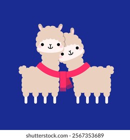 Cute cartoon alpaca couple in one red scarf. Romantic Valentine's Day greeting card template or wedding invitation card design. Vector illustration.