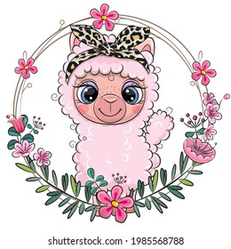 Cute Cartoon Alpaca with a floral wreath