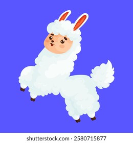 Cute cartoon alpaca with fluffy fur and playful pose, set against a vibrant blue background. Perfect for fun designs. Playful Cartoon Alpaca on Blue Background