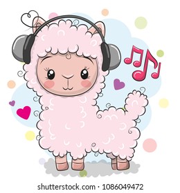 Cute Cartoon Alpaca with headphones on a white background