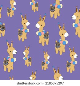 Cute cartoon alpaca or lama isolated on violet seamless background. Hand drawn knitted toy.